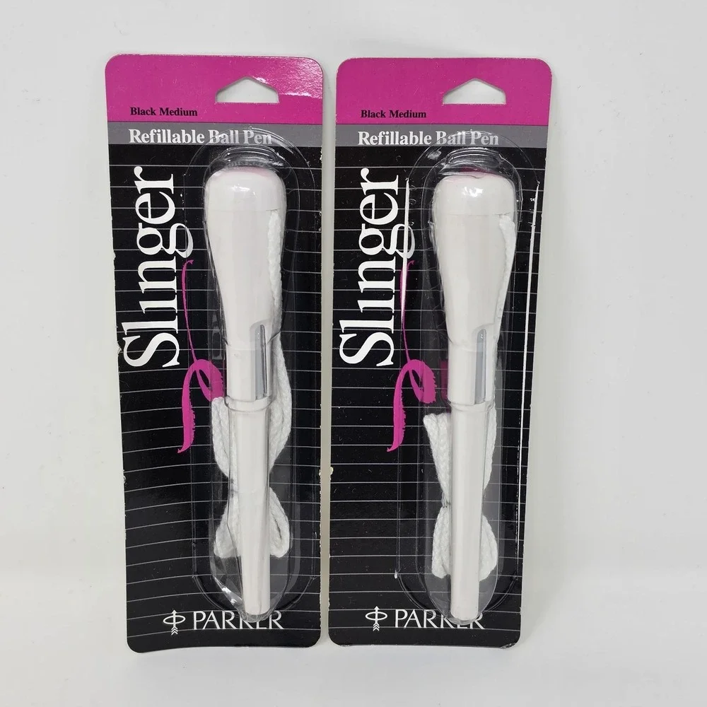 Lot of 2 NOS 1986 Parker White Slinger Refillable Ball Pen USA Black Ink Medium
